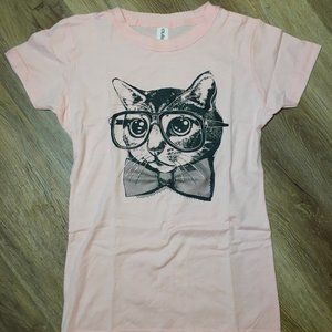 NWOT Hipster Nerd Cat in Glasses Short Sleeved Fitted T-Shirt Funny Pink Small
